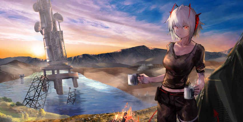 1girl absurdres ahoge antennae arknights black_pants black_shirt breasts campfire cup demon_girl demon_horns demon_tail grey_hair gyoukan_(jfxc) highres holding holding_cup horns looking_at_viewer medium_breasts midriff_peek mug official_alternate_costume outdoors pants red_eyes shirt short_hair sky solo sunrise t-shirt tail tent w_(arknights) w_(fugue)_(arknights) water