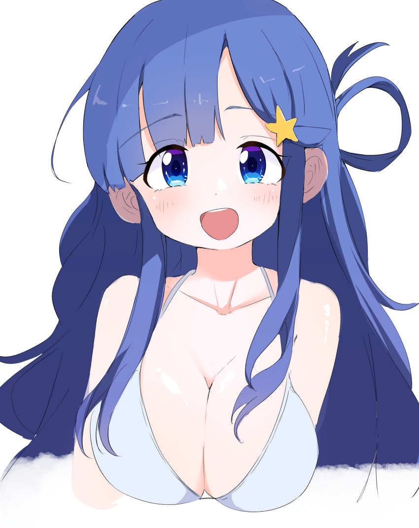 1girl absurdres asari_nanami bikini blue_eyes blue_hair blush breasts cleavage cropped_torso hair_rings highres idolmaster idolmaster_cinderella_girls large_breasts long_hair penguin_potof round_teeth simple_background smile solo swimsuit teeth white_bikini