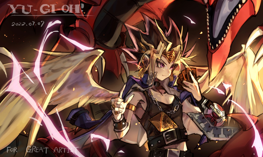 1boy a_yue angel_wings atem bangs black_hair blonde_hair card chain copyright_name dated dragon duel_disk duel_monster earrings english_commentary english_text highres jewelry male_focus millennium_puzzle multicolored_hair mutou_yuugi osiris_the_sky_dragon red_hair short_hair smile spiked_hair takahashi_kazuki_(person) upper_body wings yami_yuugi yu-gi-oh! yu-gi-oh!_duel_monsters