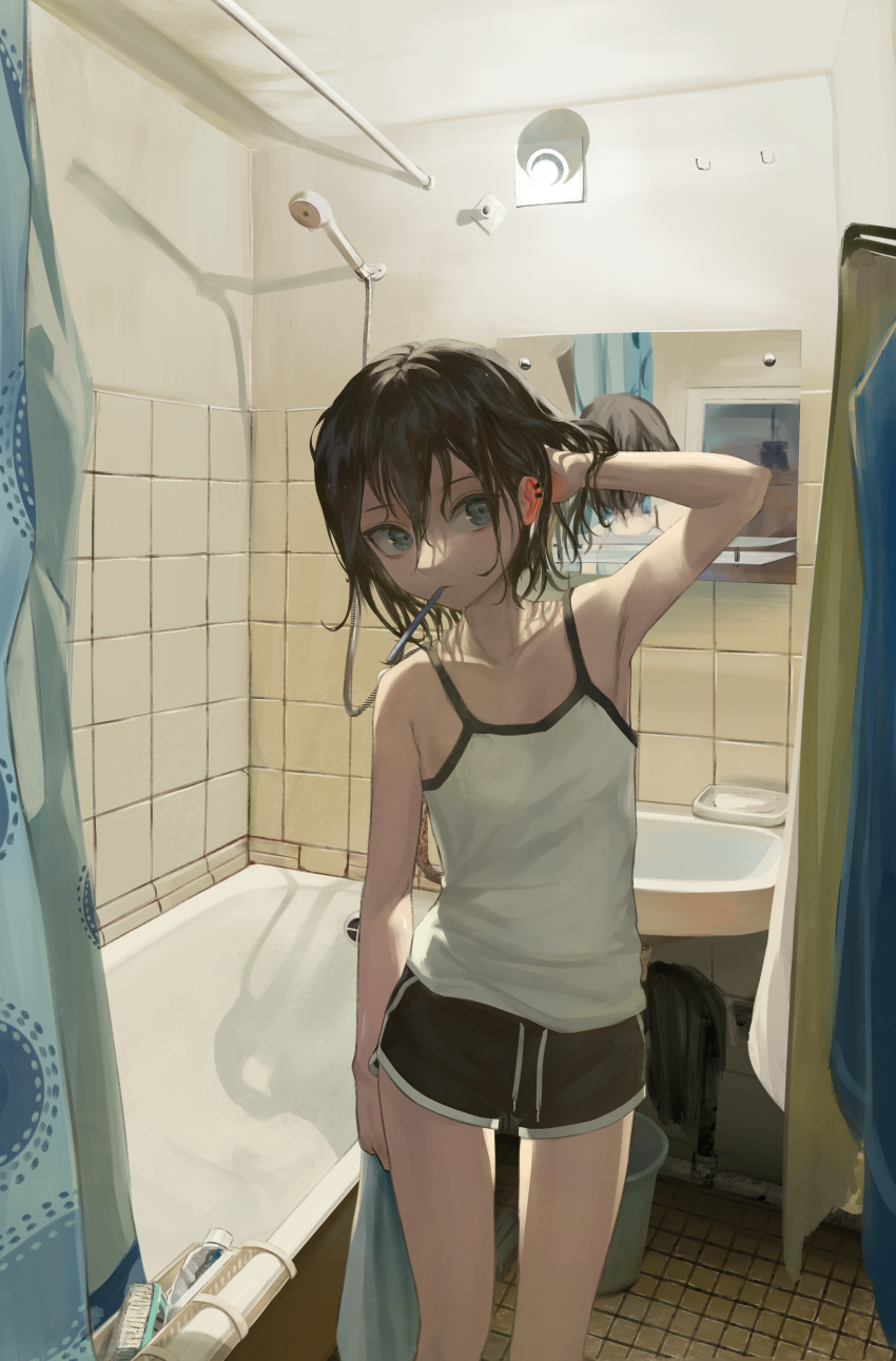 1girl absurdres arm_at_side arm_up armpits bathroom bathtub black_shorts blue_eyes brown_hair brush bucket closed_mouth ear_piercing hair_between_eyes hand_in_own_hair highres holding holding_towel indoors litra_(ltr0312) mirror original piercing reflection shirt short_hair short_shorts shorts shower_curtain sink solo standing tank_top tile_floor tile_wall tiles toothbrush towel wet wet_hair white_shirt