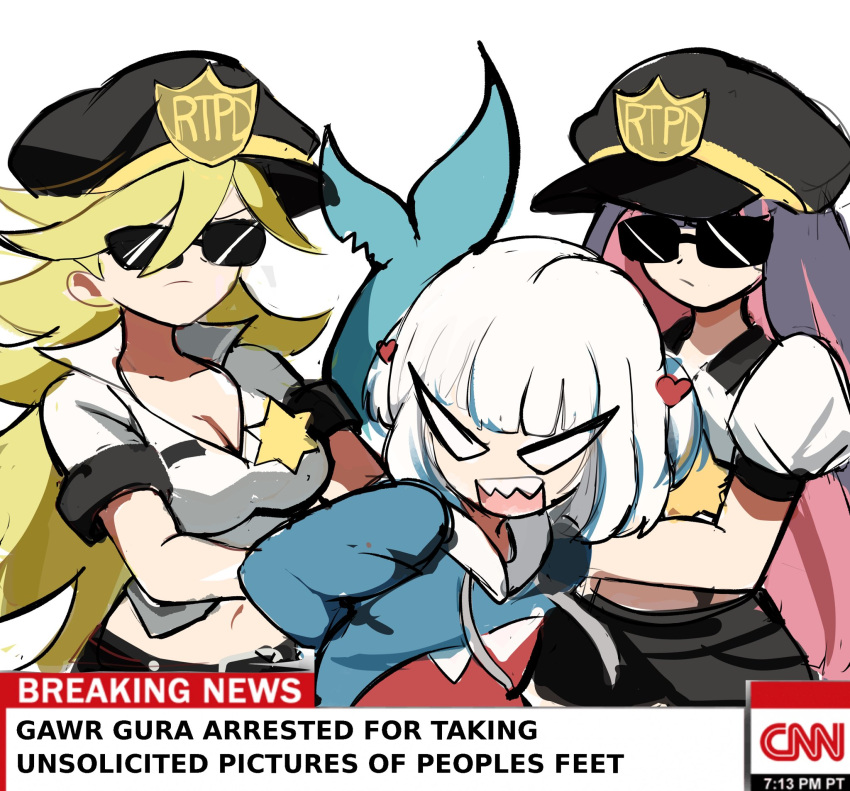 3girls arrest badge belt black_belt black_hair black_shorts blonde_hair blue_hair blue_hoodie breasts cleavage cnn collared_shirt colored_inner_hair crossover earrings fish_tail gawr_gura hair_ornament hat heart heart_hair_ornament highres holding hololive hololive_english hood hoodie jewelry large_breasts long_hair midriff multicolored_hair multiple_girls navel panty_&amp;_stocking_with_garterbelt panty_(psg) pink_hair police police_badge police_hat police_uniform policewoman rakeemspoon shark_print shark_tail sharp_teeth shirt shorts simple_background stocking_(psg) sunglasses suspenders tail teeth timestamp uniform very_long_hair white_background white_eyes white_hair