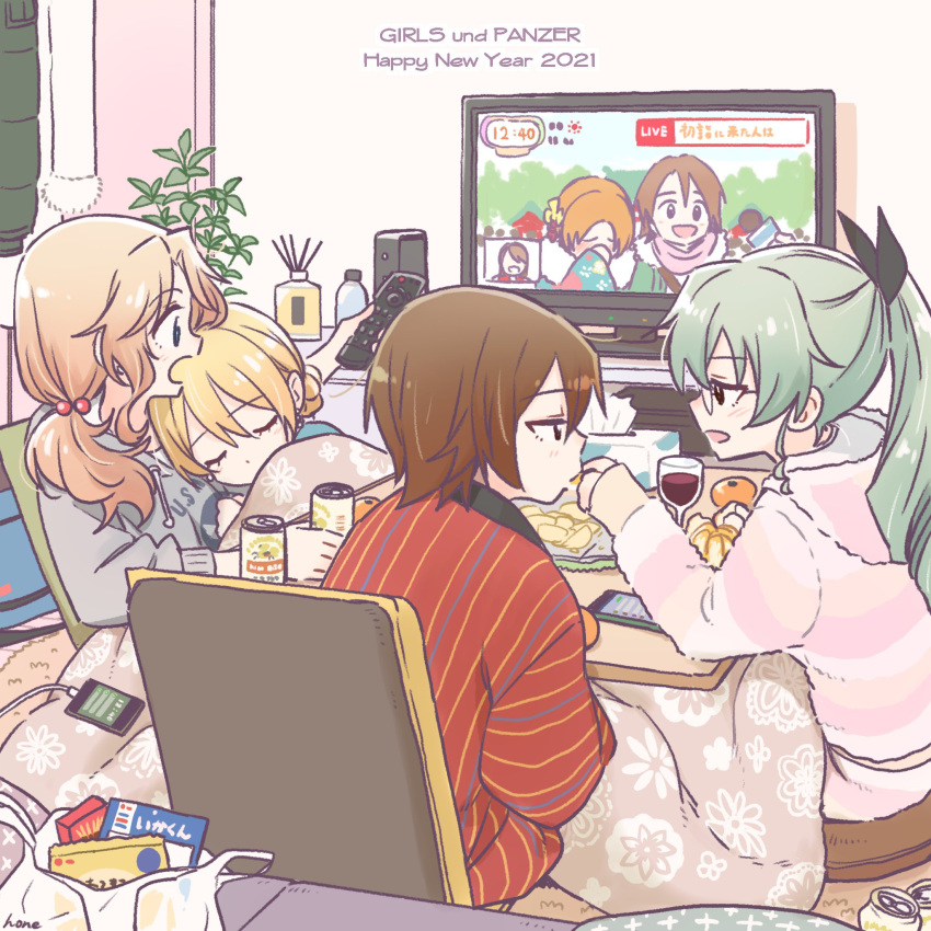 2021 6+girls alcohol alternate_hairstyle anchovy_(girls_und_panzer) artist_name bag bangs beer beer_can black_ribbon blonde_hair blue_eyes blush braid brown_eyes brown_hair can cellphone commentary controller copyright_name covering_face cup cushion darjeeling_(girls_und_panzer) dated drawstring drinking_glass english_text feeding food frown fruit girls_und_panzer glasses green_hair grey_hoodie grocery_bag hair_bobbles hair_ornament hair_over_shoulder hair_ribbon hanten_(clothes) happy_new_year hatsumoude head_on_another's_shoulder highres holding holding_remote_control hone_(honehone083) hood hood_down hoodie indoors interview japanese_clothes kay_(girls_und_panzer) kimono kotatsu leaning_on_person long_sleeves loungewear mandarin_orange meme multiple_girls new_year nishizumi_maho older open_mouth orange_hair orange_pekoe_(girls_und_panzer) pants phone pink_pants pink_shirt plastic_bag ponytail remote_control ribbon sawa_azusa shirt shopping_bag short_hair signature single_drill sleeping sleeping_on_person sleeping_upright smartphone snack special_feeling_(meme) sweater table television tissue_box under_kotatsu under_table wine_glass yuri zaisu