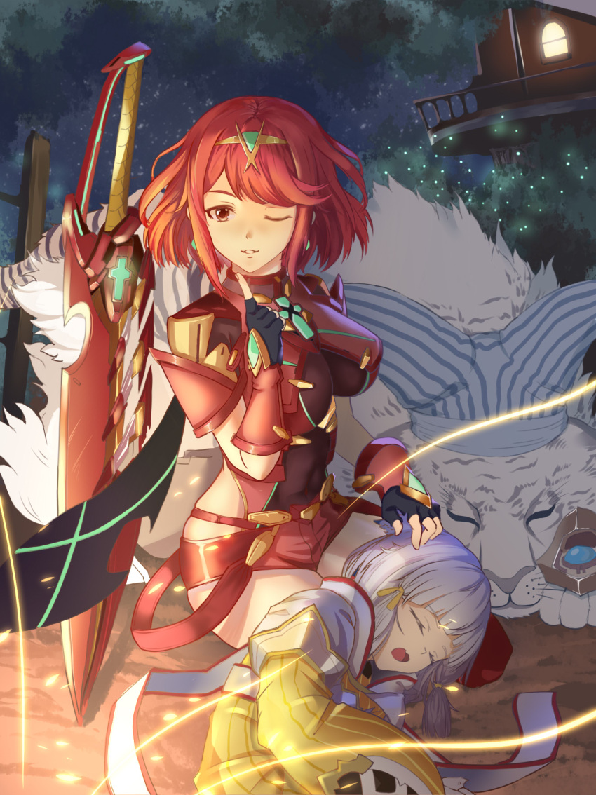 1boy 2girls 3k4voice aegis_sword_(xenoblade) animal_ears bangs black_gloves blunt_bangs bodysuit breasts cat_ears chest_jewel dromarch_(xenoblade) earrings facial_mark fingerless_gloves gloves highres jewelry large_breasts multiple_girls nia_(xenoblade) pyra_(xenoblade) red_eyes red_hair red_legwear red_shorts short_hair short_shorts shorts swept_bangs sword thighhighs tiara weapon white_gloves xenoblade_chronicles_(series) xenoblade_chronicles_2 yellow_bodysuit