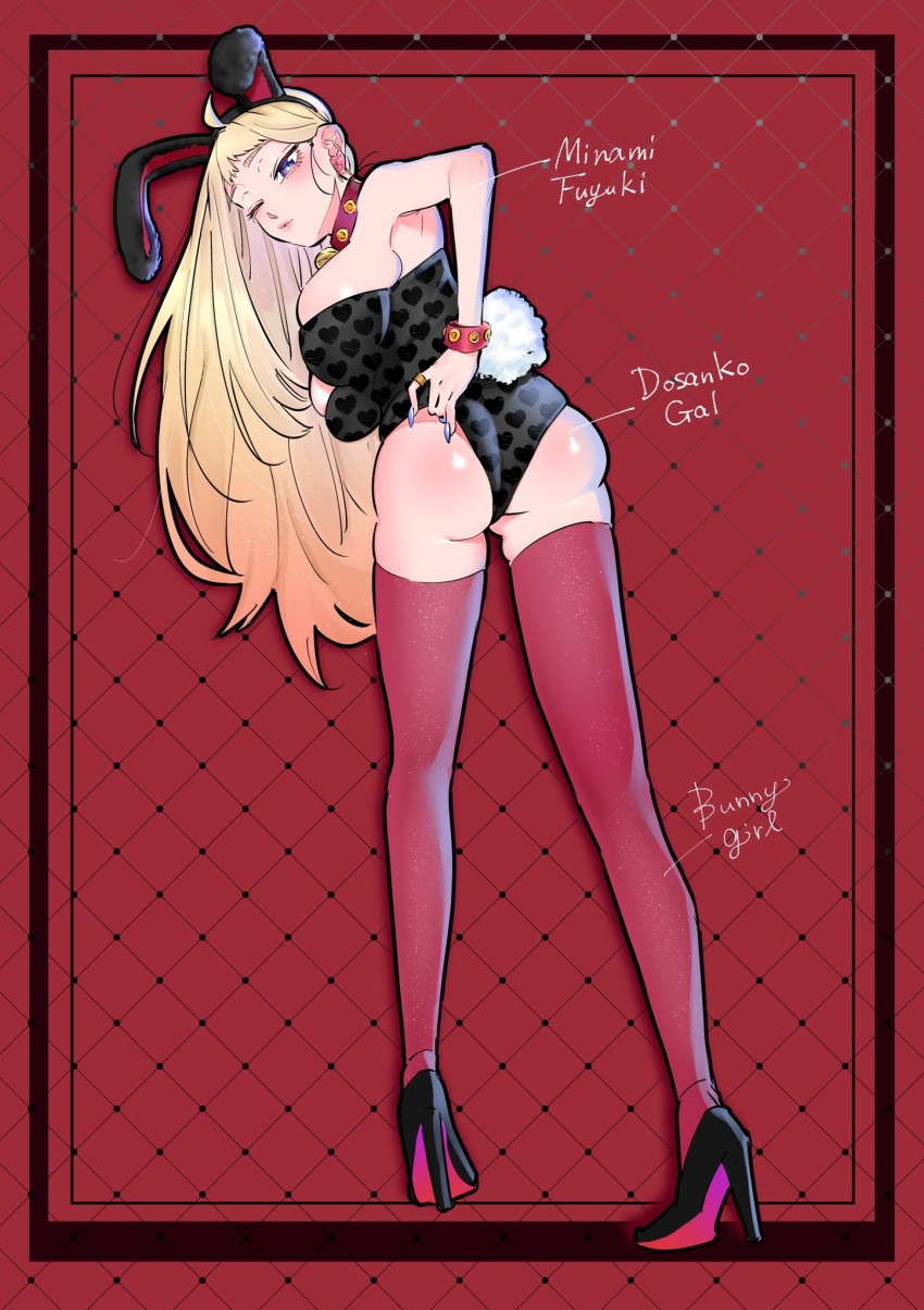 1girl animal_ears ass black_footwear black_leotard blonde_hair breasts character_name dosanko_gyaru_wa_namaramenkoi fuyuki_minami hair_behind_ear heart heart_print high_heels highres ikada_kai large_breasts leotard long_hair one_eye_closed playboy_bunny purple_eyes rabbit_ears red_background red_thighhighs solo thighhighs twisted_torso unmoving_pattern