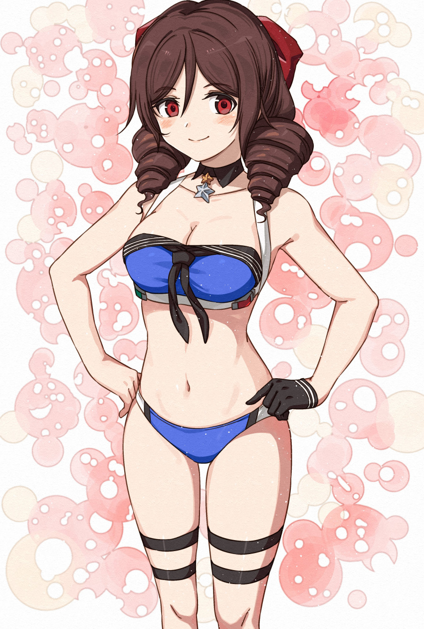 1girl absurdres alternate_costume bikini black_gloves blue_bikini blush bow breasts brown_hair choker cleavage collarbone commission cosplay cowboy_shot drill_hair gloves gradient gradient_background hair_between_eyes hair_bow harukaze_(kancolle) highres johnston_(kancolle) johnston_(kancolle)_(cosplay) kanmiya_shinobu kantai_collection long_hair medium_breasts navel pink_background red_bow red_eyes single_glove skeb_commission smile solo swimsuit twin_drills united_states_medal_of_honor