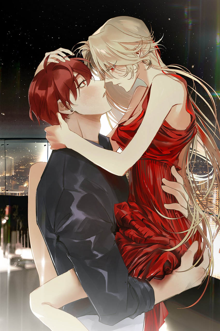 1boy 1girl bare_shoulders black_shirt blonde_hair collared_shirt colored_eyelashes dress expressionless face-to-face hand_on_another's_head head_hug hetero highres korean_commentary long_hair on_lap original red_dress red_eyes red_hair shirt short_hair sleeves_rolled_up volff