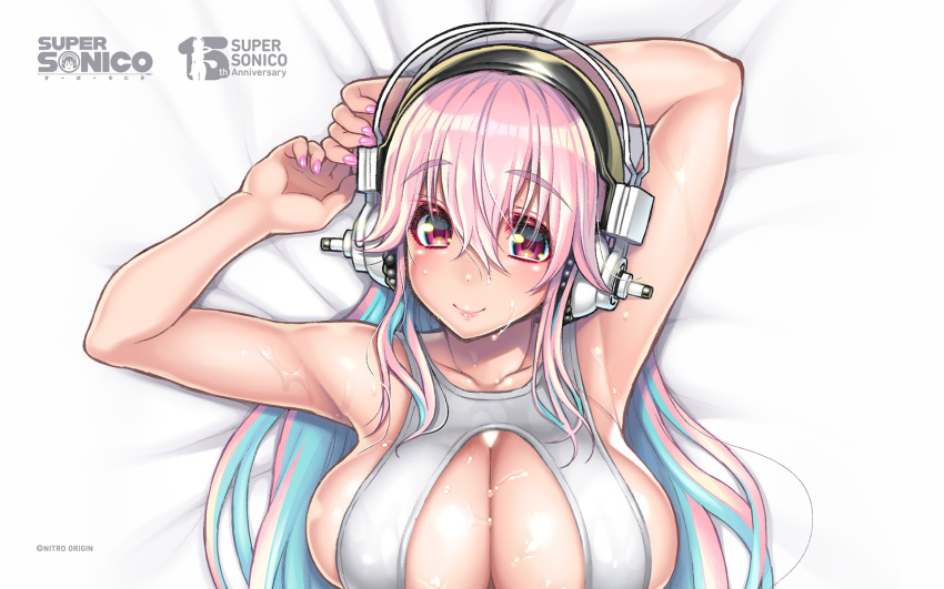 1girl aqua_hair arm_up armpits arms_behind_head bare_shoulders blush breasts cleavage colored_inner_hair headphones highres large_breasts long_hair looking_at_viewer multicolored_hair nitroplus official_art pink_eyes pink_hair pink_nails sideboob smile solo super_sonico sweat thick_eyebrows tsuji_santa