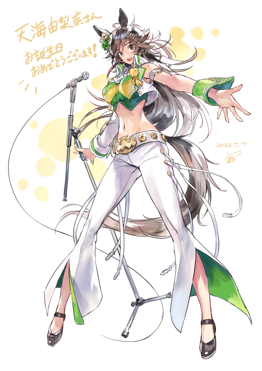 1girl :d animal_ears arm_strap bangs black_eyes black_footwear black_hair bow commentary_request crop_top green_bow green_shirt hat hat_bow highres horse_ears jacket long_hair long_sleeves looking_at_viewer matsuda_(matsukichi) microphone microphone_stand midriff mini_hat mini_top_hat mr._c.b._(umamusume) navel open_clothes open_jacket open_mouth pants shirt shoes simple_background single_bare_shoulder single_sleeve smile solo stomach strapless strapless_shirt tail top_hat translation_request umamusume very_long_hair white_background white_headwear white_jacket white_pants wrist_cuffs