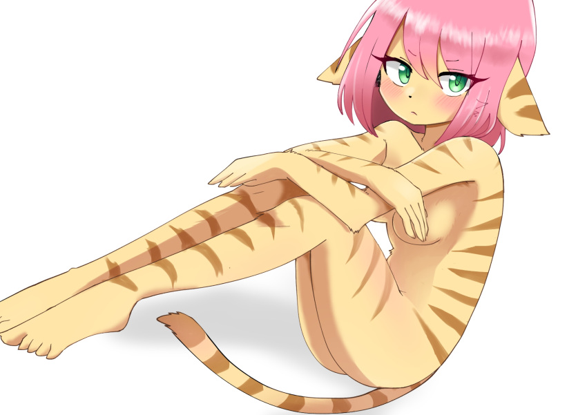 5_fingers 5_toes anthro breasts clothing crossed_arms digital_media_(artwork) domestic_cat dress feet felid feline felis female fingers footwear fur green_eyes hair hi_res high_heels hunched_over looking_at_viewer mammal miyajuuuun nude pink_hair simple_background sitting solo striped_body stripes tabby_cat toes