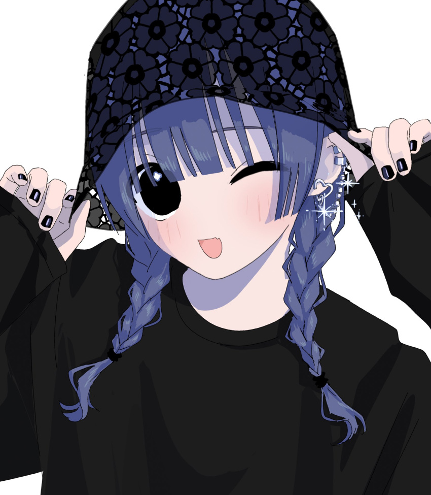 1girl black_eyes black_headwear black_nails blue_hair blush braid ear_piercing earrings fang fingernails floral_print glint grey_background hamafugu hat heart heart_earrings highres jewelry long_hair looking_at_viewer one_eye_closed open_mouth original piercing see-through simple_background skin_fang sleeves_past_wrists solo tongue twintails upper_body