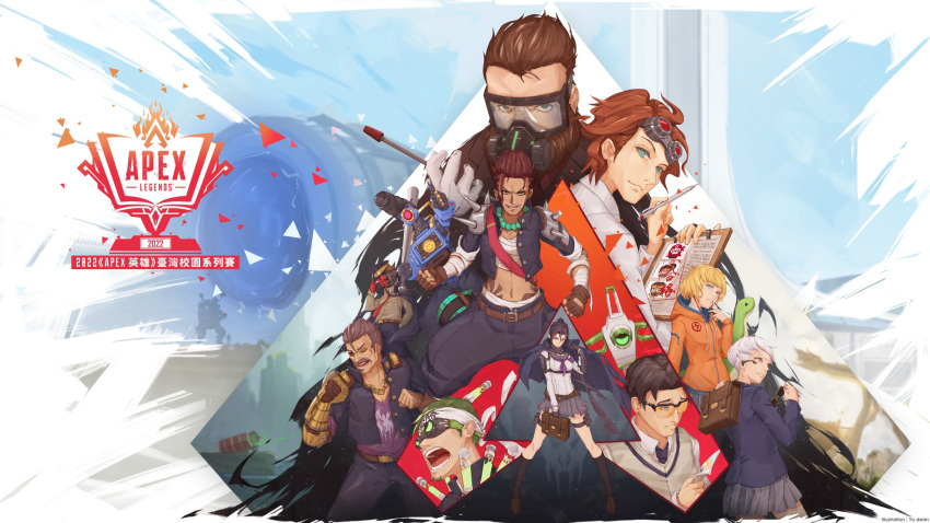 5boys 5girls alternate_costume apex_legends artist_name aviator_sunglasses baseball_bat beard black_hair blazer bloodhound_(apex_legends) blue_jacket brown_hair brown_shirt bt-7274 caustic_(apex_legends) chinese_commentary clipboard copyright_name crypto_(apex_legends) eep167389 eyepatch facial_hair fuse_(apex_legends) glasses goggles goggles_on_head green_hair grey_hair grey_skirt grey_vest hair_behind_ear headband highres holding holding_baseball_bat holding_clipboard holding_eyewear hood hoodie horizon_(apex_legends) jack_cooper jacket jacket_on_shoulders kings_canyon logo mad_maggie_(apex_legends) mask mecha midriff mirage_(apex_legends) multiple_boys multiple_girls mustache navel nessie_(respawn) octane_(apex_legends) olympus_(apex_legends) orange_hoodie pathfinder_(apex_legends) pompadour rampart_(apex_legends) red_eyes revenant_(apex_legends) robot sarashi second-party_source shirt silhouette skirt soul_patch standing storm_point_(apex_legends) stuffed_toy sunglasses thumbs_up titan_(titanfall) titanfall_(series) titanfall_2 valkyrie_(apex_legends) vest wattson_(apex_legends) white_headband wraith_(apex_legends)