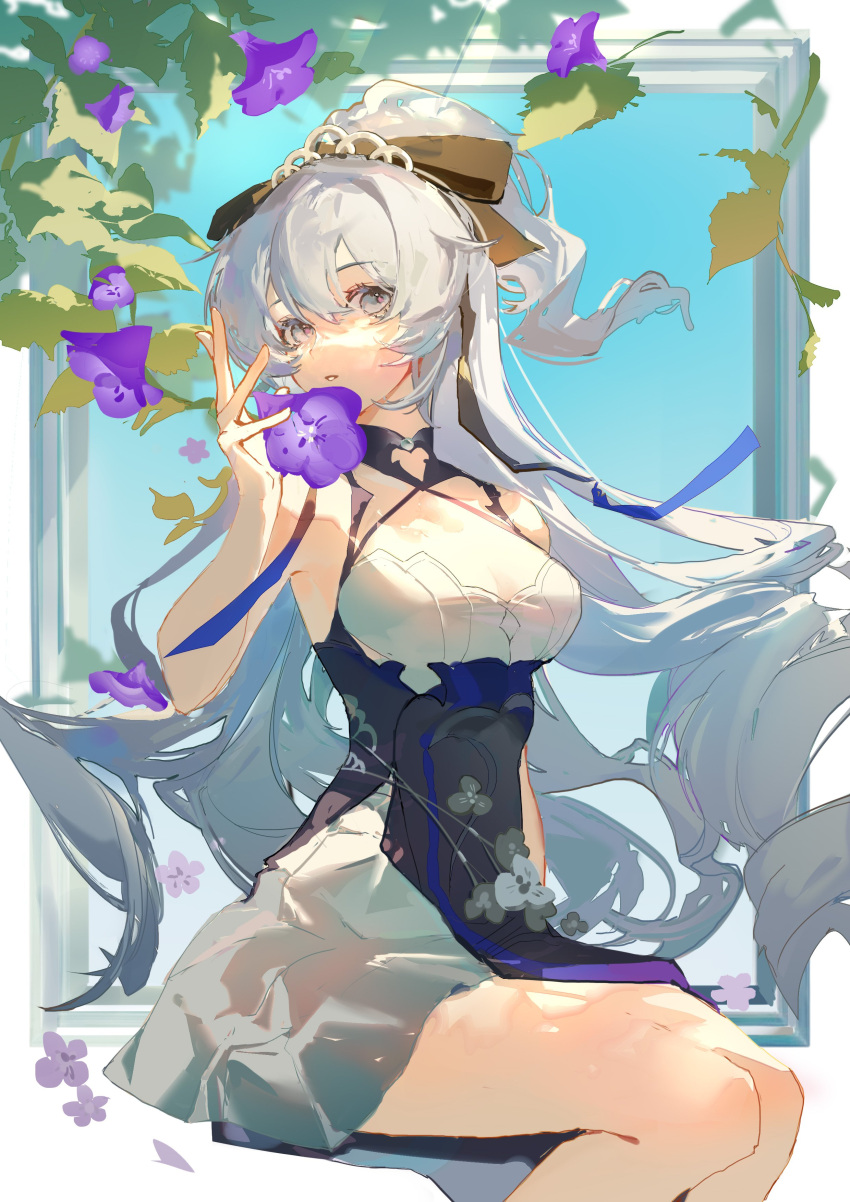 1girl 9degree absurdres bangs blue_sky bow breasts bronya_zaychik bronya_zaychik_(silverwing:_n-ex) cleavage dress drill_hair flower grey_eyes grey_hair hair_bow highres honkai_(series) honkai_impact_3rd invisible_chair long_hair looking_at_viewer open_mouth purple_flower sitting sky sleeveless sleeveless_dress solo twin_drills white_dress