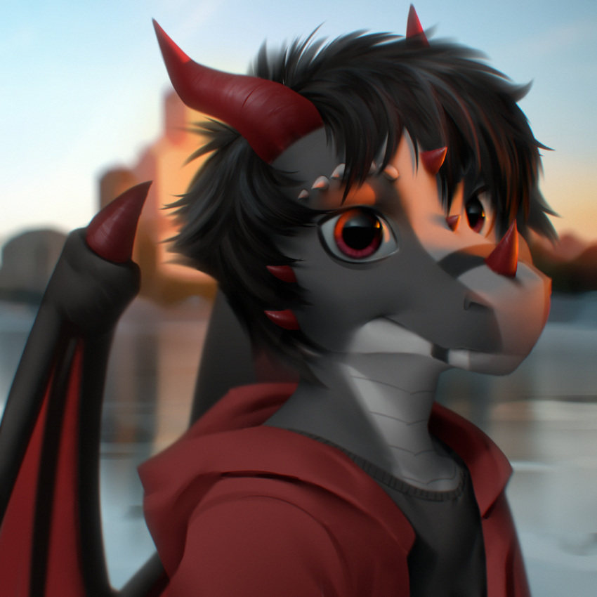 1:1 2021 anthro black_hair blurred_background clothed clothing day detailed_background digital_media_(artwork) dragon hair hi_res horn male membrane_(anatomy) membranous_wings outside red_eyes scalie sky smile solo waynlag western_dragon wings