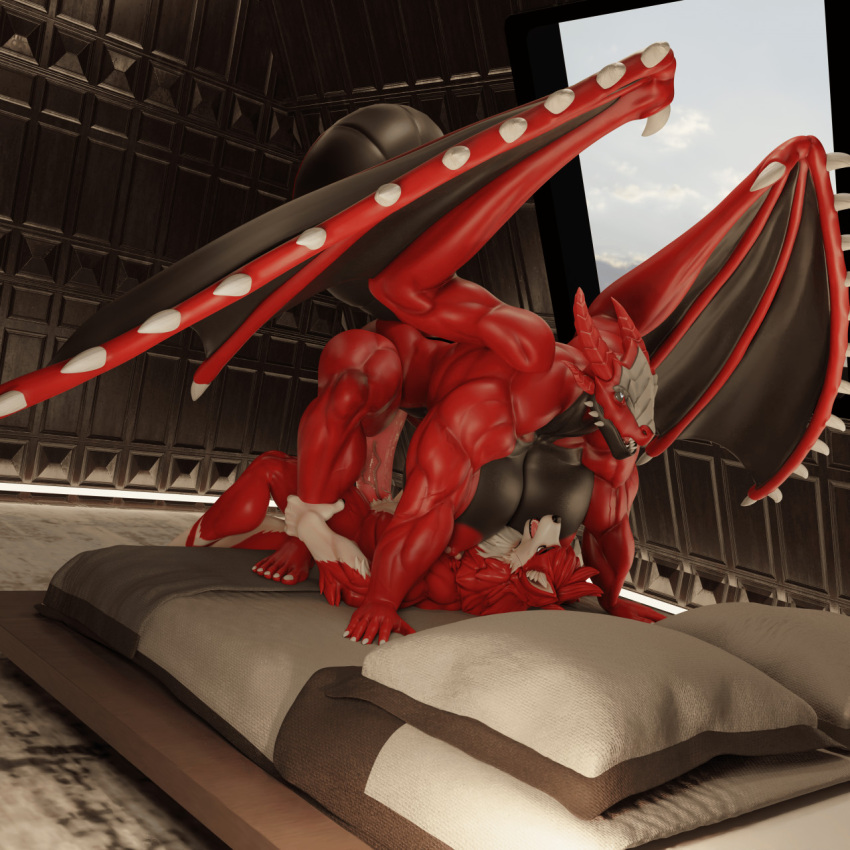 1:1 3d_(artwork) anthro bed bed_sheet bedding bedroom big_butt big_penis black_claws blender_(software) butt canid canine canis claws cloud cowgirl_position danny_sterling_(spitfire420007) digital_media_(artwork) dipstick_tail dragon duo exey_(robohole) female female_on_top female_penetrated floor from_front_position fur furniture genitals hand_on_leg hi_res hyper leg_grab leg_markings light lighting lying male male/female male_penetrating mammal markings muscular muscular_female muscular_male on_back on_bottom on_top penetration penis pussy red_body red_fur red_skin sex sky socks_(marking) spikes spitfire420007 spread_legs spreading tail_markings vaginal vaginal_penetration vein veiny_penis white_body white_fur window wings wolf