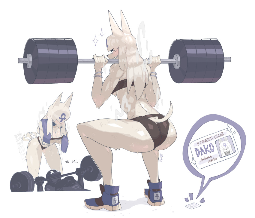 abs absurd_res ambiguous_gender anthro barbell bench_press bent_over biceps bodily_fluids breasts butt canid canine canis clothing digital_media_(artwork) duo english_text exercise female footwear fur gym hair hi_res human id_card jackal long_hair lying mammal muscular muscular_anthro nanokindred on_back open_mouth pecs rear_view shoes simple_background smile squating sweat tail_motion tailwag tears teeth text topwear weightlifting weights white_body white_fur white_hair workout workout_clothing