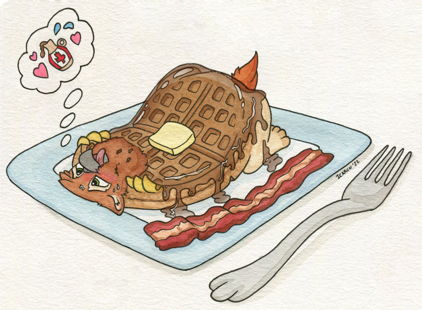 avian bacon blush breakfast butter dairy_products feral food food_fetish food_transformation gryphon icaron inanimate_transformation male meat mythological_avian mythology plate solo transformation waffle