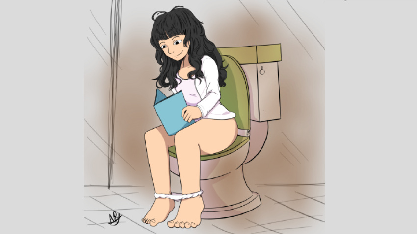 1girl adictreader ass barefoot black_hair book closed_mouth full_body highres holding holding_book long_hair non-web_source open_book original panties panty_pull reading signature sitting smile solo tiptoes toes toilet toilet_use underwear white_panties