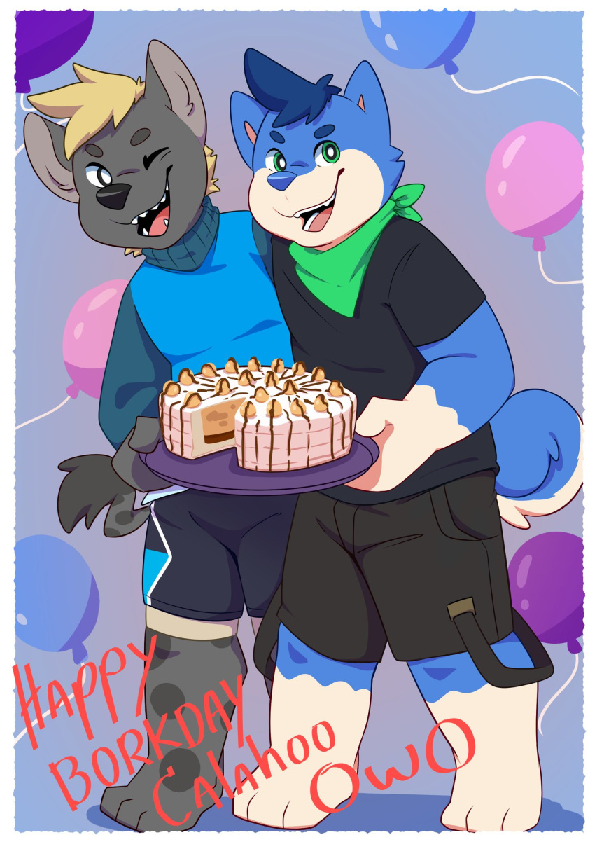 anthro arm_around_back balloon bandana_on_neck birthday birthday_cake bluechubbywolf cake calahoo_(calahootheyeen) canid canine canis cookie_dough curled_tail dessert domestic_dog duo food hi_res hyaenid hybrid ice_cream_cake inflatable layered_clothing male male/male mammal shiba_inu smile spitz spotted_hyena wolf zeike_(bluechubbywolf)