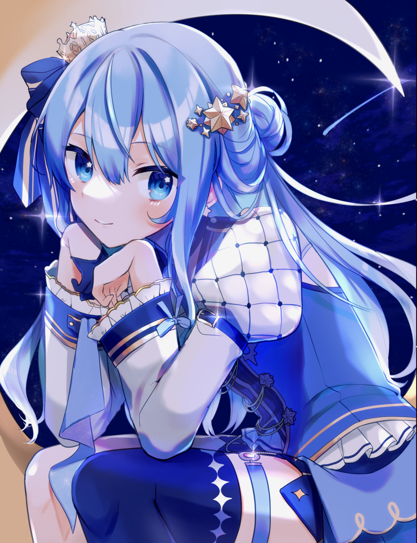 1girl absurdres bangs blue_eyes blue_hair blush comet crescent_moon crown gloves hair_ornament hair_ribbon highres hololive hoshimachi_suisei idol juliet_sleeves long_hair long_sleeves looking_at_viewer mini_crown moon on_crescent puffy_sleeves ribbon shinomiya_shino_(sinosino141) single_glove single_thighhigh sky smile solo star_(sky) star_(symbol) star_hair_ornament star_in_eye starry_background starry_sky symbol_in_eye thigh_strap thighhighs virtual_youtuber