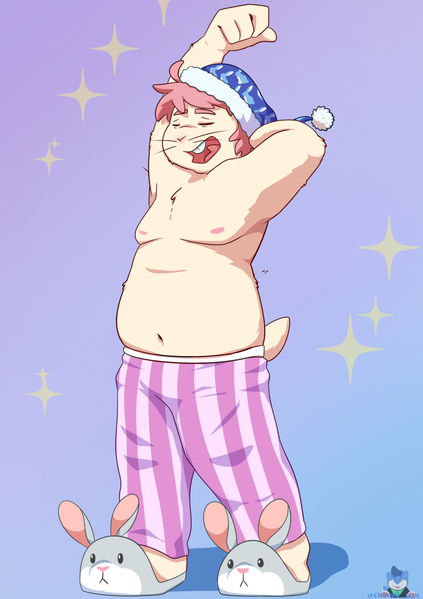 ahoge anthro belly bluechubbywolf bunny_slippers clothing hair hare hi_res joshie_(calahootheyeen) lagomorph leporid male mammal moobs night_cap nipples open_mouth overweight overweight_male pajama_pants pajamas pattern_clothing rabbit shirtless shirtless_male slightly_chubby slippers solo star stretching yawn