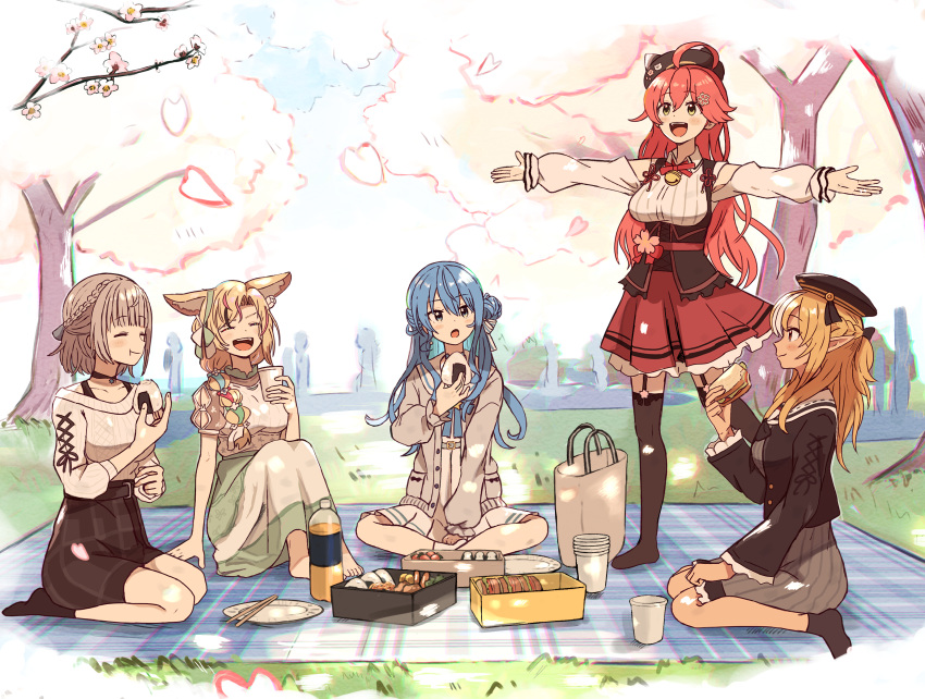 absurdres ahoge animal_ears bag bangs barefoot black_hair blonde_hair blue_eyes blue_hair bottle braid breasts cherry_blossoms choker chopsticks closed_eyes commentary_request cup dress food fox_ears fox_girl french_braid fruit garter_straps grass green_eyes hair_bun hair_ornament hair_over_shoulder hairclip hanami hat highres hololive hoshimachi_suisei indian_style kaigaraori large_breasts long_hair long_skirt medium_breasts medium_skirt multicolored_hair multiple_girls no_shoes omaru_polka onigiri open_mouth outdoors outstretched_arms picnic pink_hair plaid plaid_skirt plate pointy_ears sailor_dress sakura_miko sandwich seiza shiranui_flare shiranui_kensetsu shirogane_noel single_braid single_side_bun sitting skirt smile standing standing_on_one_leg star_(symbol) star_in_eye strawberry streaked_hair symbol_in_eye thighhighs tree virtual_youtuber wariza white_dress zettai_ryouiki