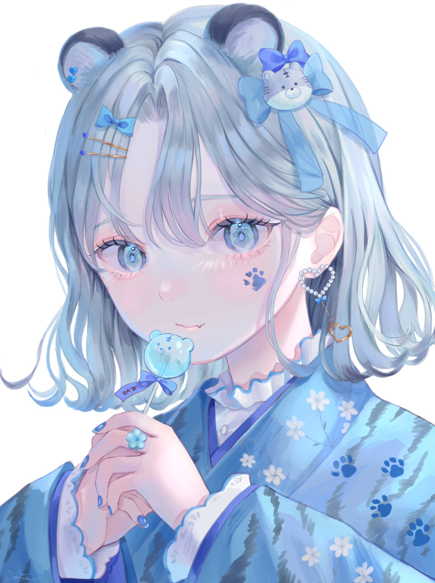 1girl absurdres animal_ears bangs bear_hair_ornament blue_bow blue_eyes blue_hair blue_kimono blue_nails blush bow candy chinese_zodiac closed_mouth collar earrings facial_tattoo flower flower_ring food frilled_collar frills hair_ornament hairclip heart highres japanese_clothes jewelry kimono lollipop long_eyelashes long_sleeves looking_at_viewer nail_polish original own_hands_together parted_bangs paw_print powa_(36iii) ring short_hair simple_background solo tattoo tiger_ears white_background year_of_the_tiger
