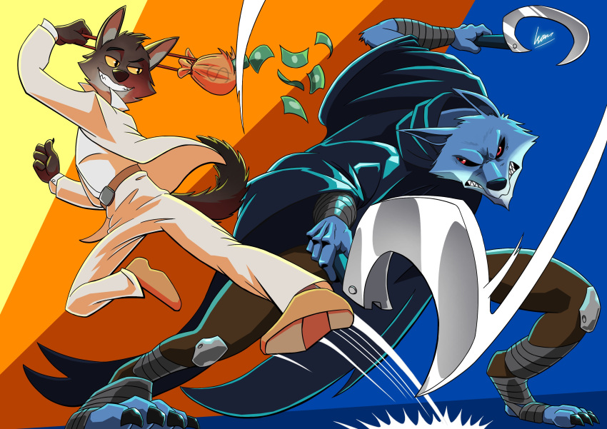 abstract_background absurd_res anthro assassin_wolf_(puss_in_boots_2) bandage blue_body blue_fur brown_body brown_fur canid canine canis claws clothed clothing digital_media_(artwork) dreamworks duo fight fur hi_res holding_object holding_weapon looking_at_another male mammal metrosaurus money money_bag mr._wolf_(the_bad_guys) puss_in_boots_2 red_eyes shirt sickle sickle_sword speed_lines teeth the_bad_guys topwear weapon wolf yellow_eyes