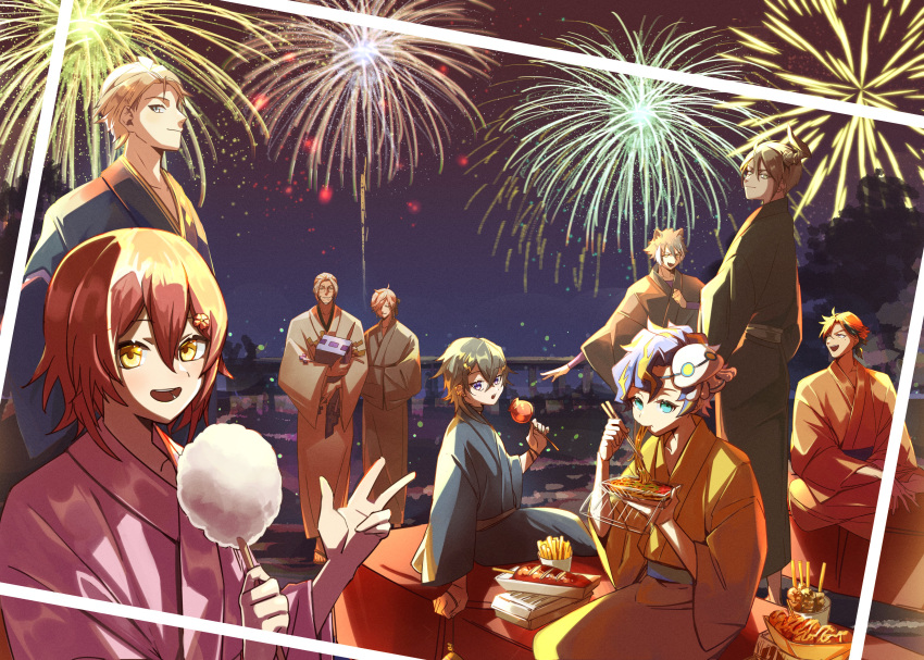 6+boys :d :o absurdres adjusting_clothes aerial_fireworks alternate_costume animal_ears animal_hug aqua_eyes aragami_oga arm_support arurandeisu astel_leda axolotl_(minecraft) bangs beard black_bow black_hair black_kimono blonde_hair blue_eyes blue_hair blue_kimono bow bridge brown_kimono candy_apple character_mask chopsticks cotton_candy curtained_hair dark-skinned_male dark_skin ear_piercing earrings eating everyone facial_hair fang feet_out_of_frame fireworks flower food french_fries glasses green_eyes green_kimono grey_hair hair_between_eyes hair_bow hair_flower hair_ornament hair_over_one_eye hair_slicked_back hair_strand hairclip hanasaki_miyabi hands_in_opposite_sleeves heterochromia highres holding holding_chopsticks holding_food holostars horns ikayaki indian_style jackal_boy jackal_ears japanese_clothes jewelry kageyama_shien kanade_izuru kimono kishido_temma light_particles lightning_bolt_hair_ornament lightning_bolt_symbol long_sleeves looking_at_another looking_at_viewer low_ponytail male_focus mask mask_on_head mole mole_under_eye multicolored_hair multiple_boys night official_alternate_costume official_alternate_hairstyle orange_eyes orange_hair orange_kimono outstretched_arm parted_bangs piercing pink_hair pink_kimono poruneu purple_eyes purple_shirt red_hair rikka_(holostars) shirt short_hair short_ponytail silou_b single_earring single_horn sitting skewer skin_fang smile standing streaked_hair summer_festival takoyaki teeth two-tone_hair undershirt upper_body upper_teeth virtual_youtuber w water_yoyo white_hair yakisoba yellow_eyes yellow_kimono yukata yukoku_roberu zouri