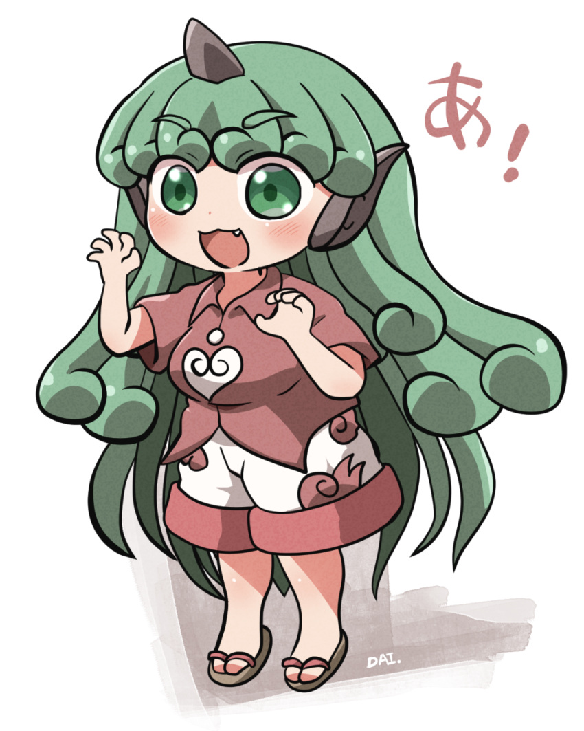 1girl blush cloud_print collared_shirt curly_hair fang full_body green_eyes green_hair highres horns kariyushi_shirt komano_aunn long_hair open_mouth red_shirt rokugou_daisuke shirt short_sleeves shorts signature single_horn smile solo touhou white_shorts