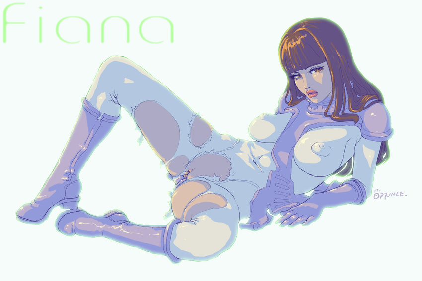 bangs bodysuit boots breasts brown_eyes brown_hair clitoris covered_nipples fiana gloves large_breasts lips lipstick makeup oprince pout skin_tight solo soukou_kihei_votoms torn_clothes
