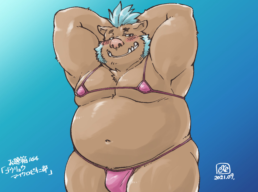 anthro armpit_showing bedroom_eyes belly bikini bikini_bottom bikini_top blush bulge chest_tuft clothed clothing crossdressing exe_exem facial_hair gouryou lifewonders male mammal micro_bikini moobs muscular_arms narrowed_eyes navel overweight overweight_male pig_nose raised_arms seductive sideburns smile solo suid suina sus_(pig) swimwear tokyo_afterschool_summoners tuft video_games wild_boar