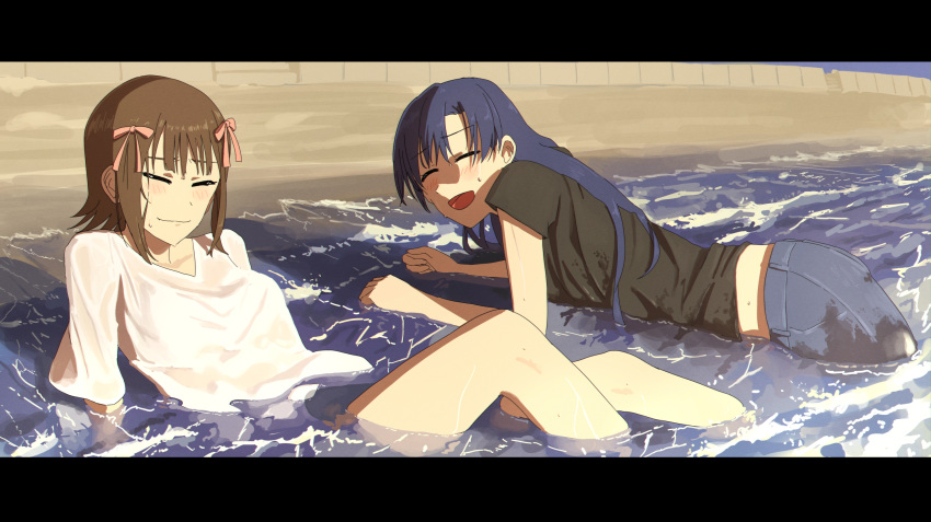 2girls amami_haruka beach black_shirt blue_hair blush breasts brown_hair closed_eyes denim epitaph_(1122) hair_ribbon highres idolmaster idolmaster_(classic) jeans kisaragi_chihaya long_hair multiple_girls ocean open_mouth pants ribbon sand shirt short_hair smile wet wet_clothes white_shirt