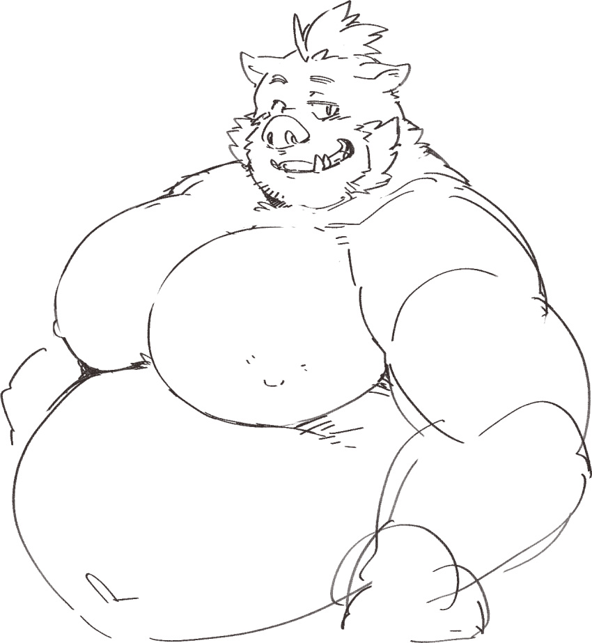 anthro belly big_moobs big_nipples exe_exem facial_hair gouryou hi_res lifewonders looking_at_viewer male mammal moobs musclegut muscular_arms nipples overweight overweight_male pig_nose sideburns solo suid suina sus_(pig) tokyo_afterschool_summoners video_games wild_boar