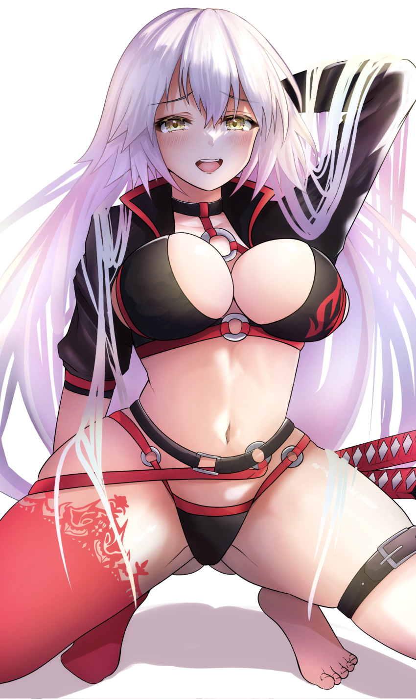 1girl absurdres ahoge bangs bikini black_bikini black_jacket breasts choker cleavage collarbone cropped_jacket fate/grand_order fate_(series) grey_hair highres jacket jeanne_d'arc_alter_(fate) jeanne_d'arc_alter_(swimsuit_berserker)_(fate) katana large_breasts long_hair long_sleeves looking_at_viewer navel nuts_(hazel-nuts) o-ring o-ring_bikini open_mouth red_legwear shrug_(clothing) single_thighhigh smile solo squatting swimsuit sword thigh_strap thighhighs thighs very_long_hair weapon yellow_eyes