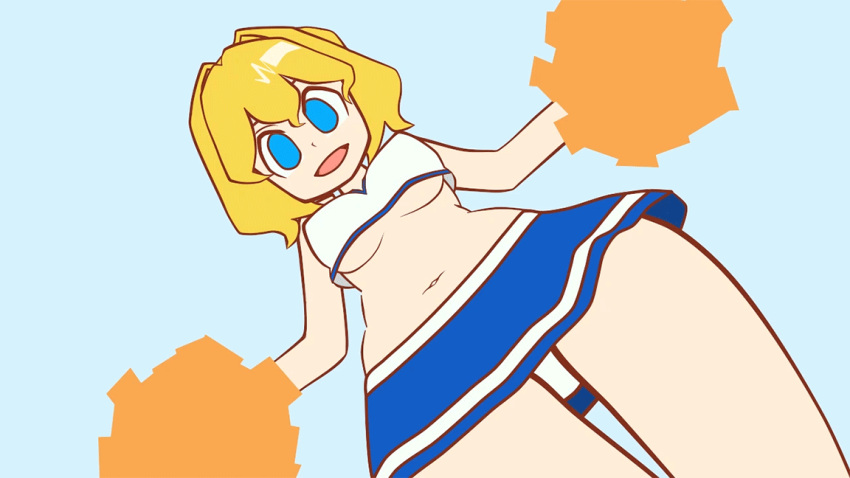 1girl alice_margatroid animated animated_gif blonde_hair blue_background blue_eyes blue_skirt bouncing_breasts breasts cheerleader commentary_request cookie_(touhou) cowboy_shot crop_top dancing dobro_phone dutch_angle from_below hair_intakes looking_at_viewer looking_down looping_animation medium_breasts midriff miniskirt navel open_mouth panties parody pom_pom_(cheerleading) scotch_(cookie)_(style) shirt short_hair simple_background skirt sleeveless sleeveless_shirt smile solo style_parody touhou underboob underwear web_(cookie) white_panties white_shirt