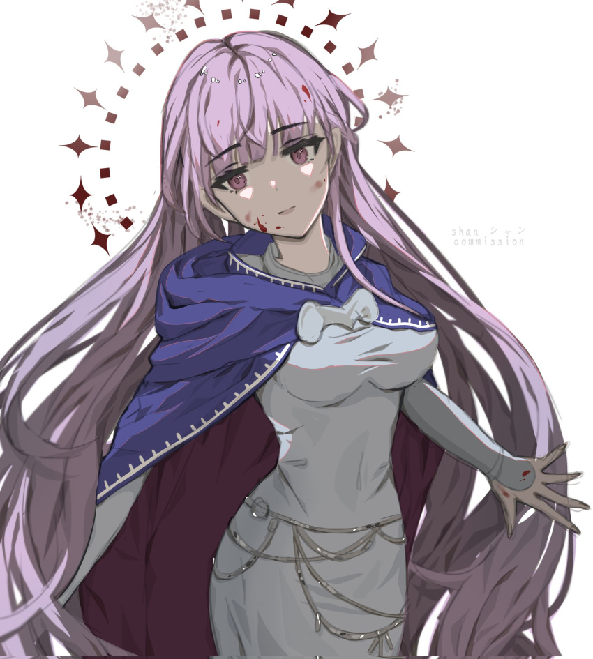 absurdly_long_hair belly_chain blood blood_on_face blue_dress breasts cloak commission covered_navel cowboy_shot dress fire_emblem fire_emblem:_the_binding_blade highres jewelry long_dress long_hair long_sleeves mariirasuto7 medium_breasts open_mouth purple_eyes purple_hair simple_background sophia_(fire_emblem) star_(symbol) very_long_hair white_background