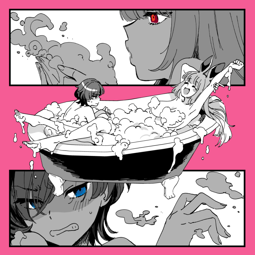 2girls bangs bath bathtub blue_eyes blush bubble_bath bubble_blowing closed_eyes completely_nude convenient_censoring fate/grand_order fate_(series) hair_over_one_eye highres long_hair looking_at_another medium_hair multiple_girls nude open_mouth red_eyes riyo_servant_(babydoll)_(fate) riyo_servant_(bunnygirl)_(fate) shared_bathing stretch sweat translation_request yukataro
