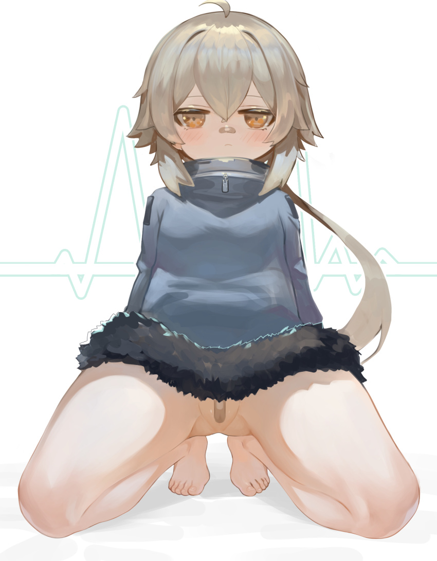 1girl ahoge ass_visible_through_thighs bandaid bandaid_on_face bandaid_on_nose bandaid_on_pussy bangs barefoot blush bottomless brown_eyes brown_hair closed_mouth dokomon full_body fur-trimmed_jacket fur_trim girls'_frontline grey_jacket hair_between_eyes highres hs2000_(girls'_frontline) jacket long_hair looking_at_viewer low_ponytail ponytail shadow solo thighs very_long_hair white_background