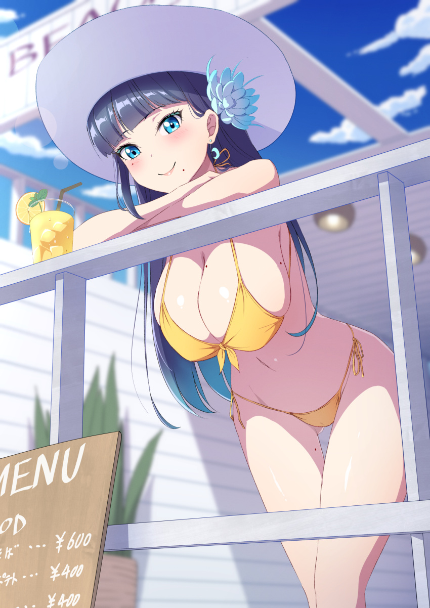 1girl ass_visible_through_thighs bangs bikini black_hair blue_eyes blunt_bangs blush breasts cleavage drink flower hair_flower hair_ornament halter_top halterneck hanging_breasts hat highres large_breasts leaning_forward leaning_on_rail long_hair looking_at_viewer mole mole_on_breast mole_under_mouth navel original outdoors sakamata side-tie_bikini sky solo string_bikini sun_hat swimsuit thigh_gap yellow_bikini