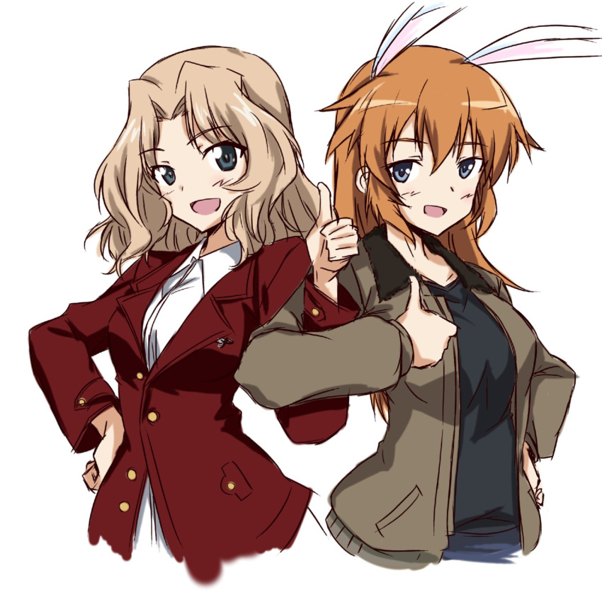 2girls animal_ears asagi501 black_tank_top blonde_hair blue_eyes blue_tank_top blush brown_jacket charlotte_e._yeager charlotte_e._yeager_(cosplay) collared_shirt cosplay cropped_legs girls_und_panzer hair_intakes hand_on_hip highres jacket kay_(girls_und_panzer) long_hair looking_at_viewer multiple_girls orange_hair rabbit_ears red_jacket saunders_military_uniform shirt smile strike_witches tank_top thumbs_up white_background world_witches_series