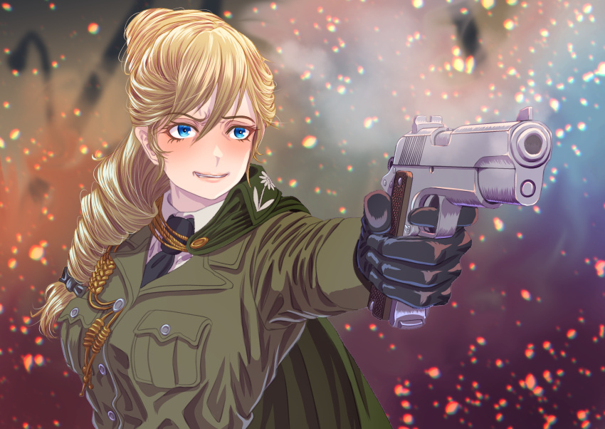 1girl absurdres aiming black_necktie black_ribbon blonde_hair blue_eyes bonple_military_uniform braid braided_ponytail breasts commentary_request girls_und_panzer girls_und_panzer_ribbon_no_musha green_jacket gun handgun highres holding holding_gun holding_weapon jacket jajka_(girls_und_panzer) makeup necktie pointing_gun ribbon tigern_(tigern28502735) weapon weapon_request