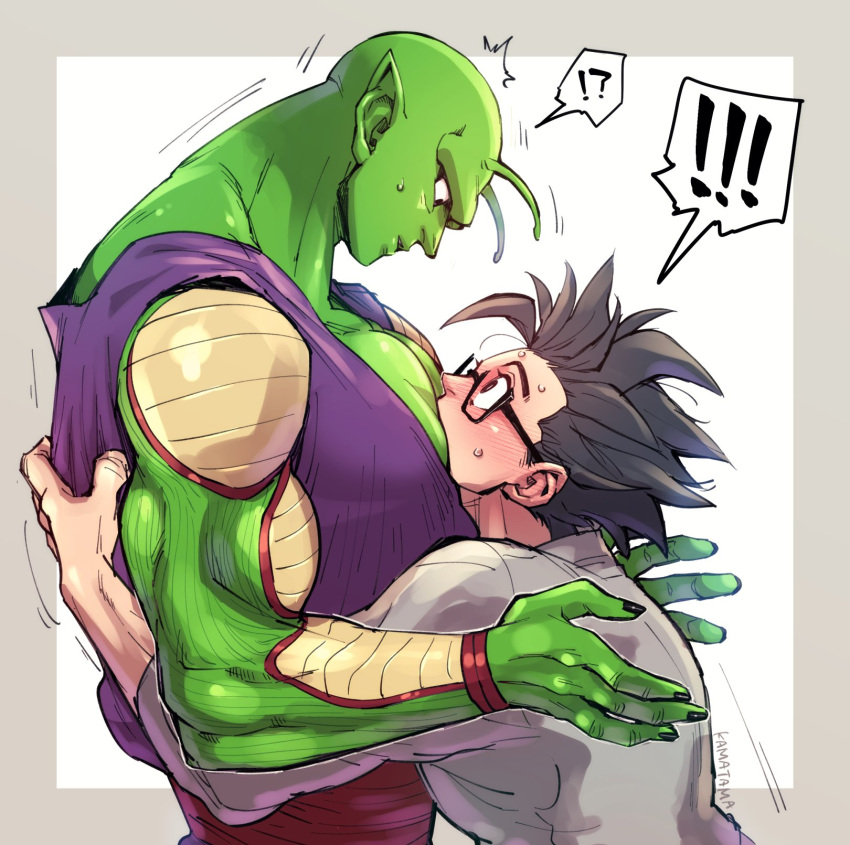 ! !! !? 2boys bara between_pectorals black_hair blush bobojobobo colored_skin couple dougi dragon_ball face_to_pecs glasses green_skin head_between_pecs highres hug large_pectorals looking_at_another male_focus multiple_boys muscular muscular_male namekian pectorals piccolo pointy_ears shirt short_hair simple_background son_gohan spiked_hair upper_body white_shirt yaoi