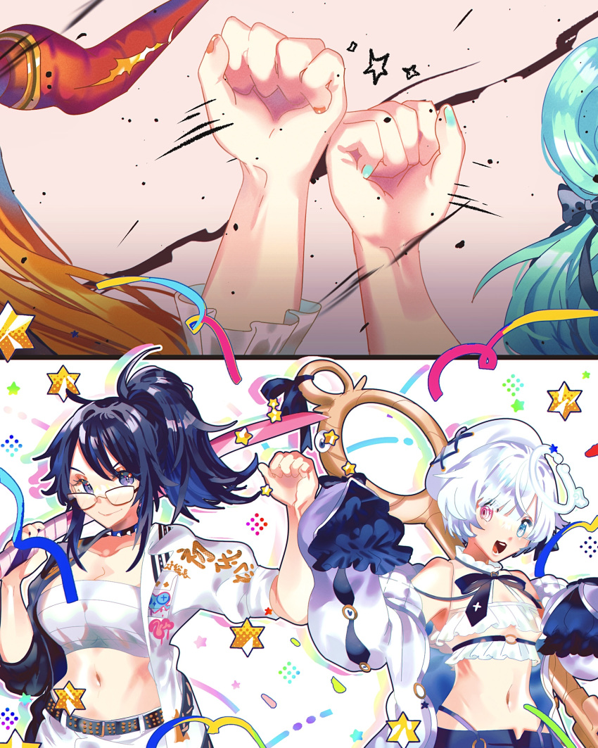 2girls absurdres amemiya_nazuna berryjey blonde_hair blue_eyes blue_hair bokken breasts chest_sarashi cleavage collarbone dragon_horns fist_bump green_hair hair_bun halo heterochromia highres holding hololive horns jacket kiryu_coco kson long_hair multicolored_hair multiple_girls navel orange_hair pants pink_eyes ponytail sarashi shirt short_hair smile sword uruha_rushia virtual_youtuber vshojo weapon white_hair wooden_sword