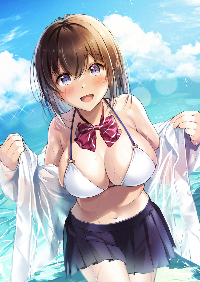 1girl :d bangs bikini black_skirt blue_sky blush breasts brown_hair cleavage cloud commentary_request day hair_between_eyes highres horizon large_breasts lens_flare looking_at_viewer navel o-ring o-ring_bikini ocean open_mouth original outdoors purple_eyes shiro_kuma_shake shirt skirt sky smile solo standing stomach swimsuit white_bikini white_shirt