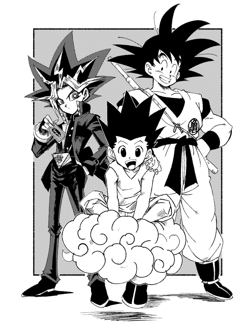 3boys black_hair card closed_mouth crossover dragon_ball dragon_ball_z fenyon fingerless_gloves gloves gon_freecss greyscale highres holding hunter_x_hunter male_focus monochrome multiple_boys mutou_yuugi open_mouth pointy_hair smile son_goku spiked_hair yu-gi-oh! yu-gi-oh!_duel_monsters