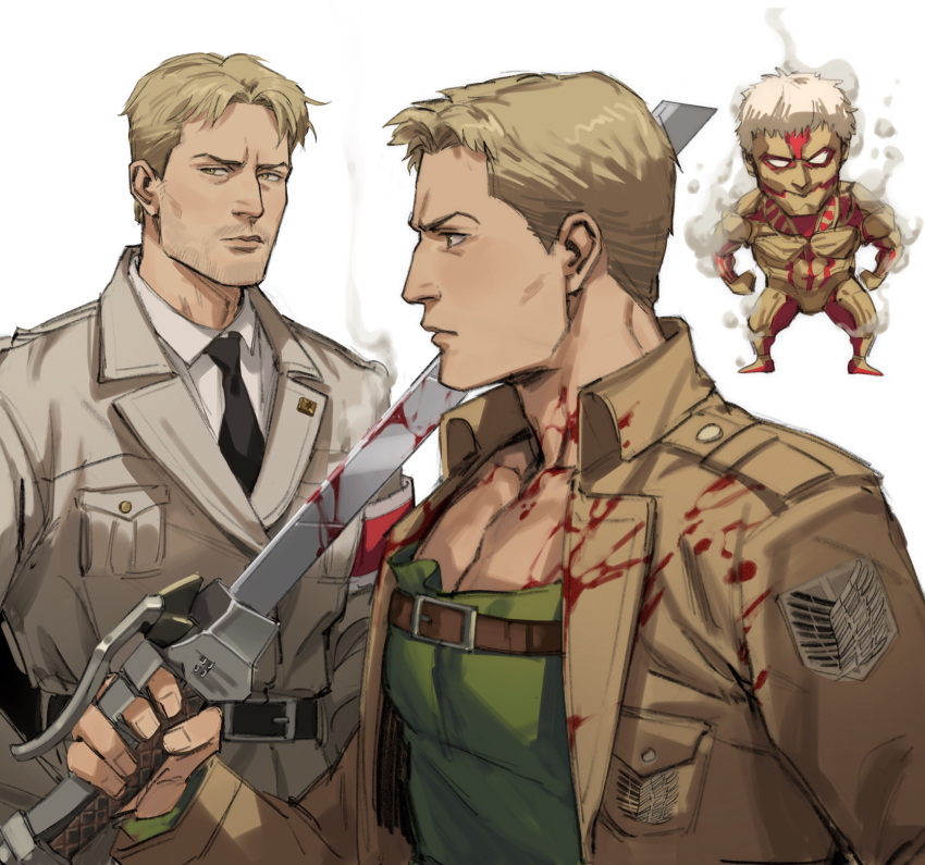 1boy absurdres armored_titan bara blonde_hair blood blood_on_clothes blood_on_weapon brown_eyes brown_jacket chest_belt chibi closed_mouth facial_hair green_shirt highres holding holding_weapon jacket large_pectorals male_focus muscular muscular_male open_clothes open_jacket pectorals reiner_braun shingeki_no_kyojin shirt short_hair simple_background thisuserisalive upper_body weapon white_background