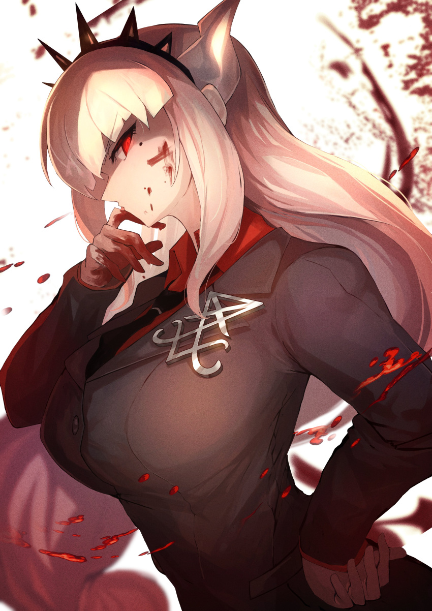 absurdres black_jacket black_necktie blood blood_on_face blood_on_gloves blood_splatter crown demon_girl demon_horns english_commentary gloves hand_on_hip helltaker highres horns jacket long_hair lucifer_(helltaker) necktie nose ohako_(ohako1818) pointy_nose red_eyes red_shirt shirt sidelocks white_background white_gloves white_horns