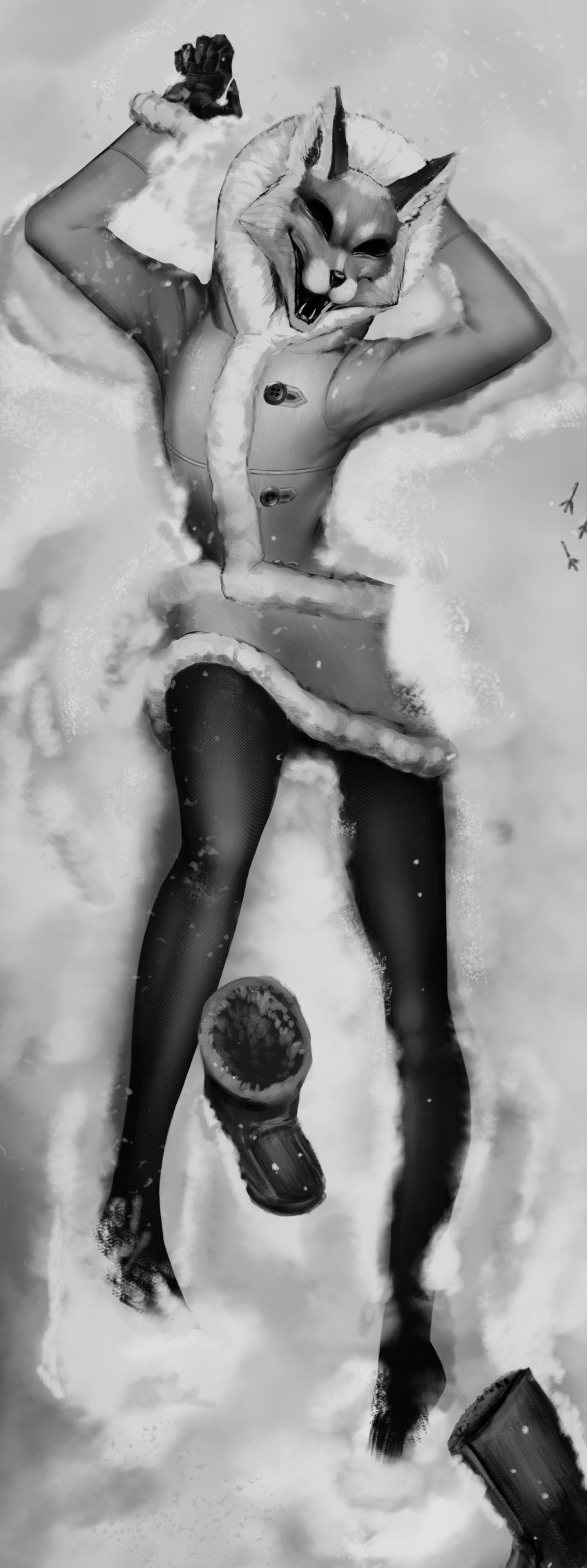 2021 absurd_res alice_the_vixen anthro canid canine clothing coat dqt female fur gloves handwear hi_res humanoid hybrid lying mammal monochrome nightmare_fuel on_back open_mouth open_smile smile snow solo tiny_bunny topwear winter winter_coat yandere_trance