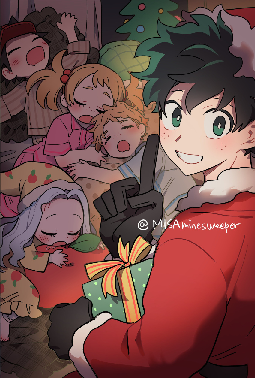 1boy 2girls 3boys absurdres black_gloves blonde_hair boku_no_hero_academia christmas christmas_ornaments christmas_tree commentary_request eri_(boku_no_hero_academia) female_child freckles gift gloves green_eyes green_hair hat highres holding holding_gift horns izumi_kouta korean_commentary long_hair looking_at_viewer male_child male_focus midoriya_izuku misa_(jjin_miryeon) multiple_boys multiple_girls open_mouth pajamas red_headwear ribbon santa_costume santa_hat shimano_katsuma shimano_mahoro single_horn sleeping smile twitter_username white_hair yellow_ribbon