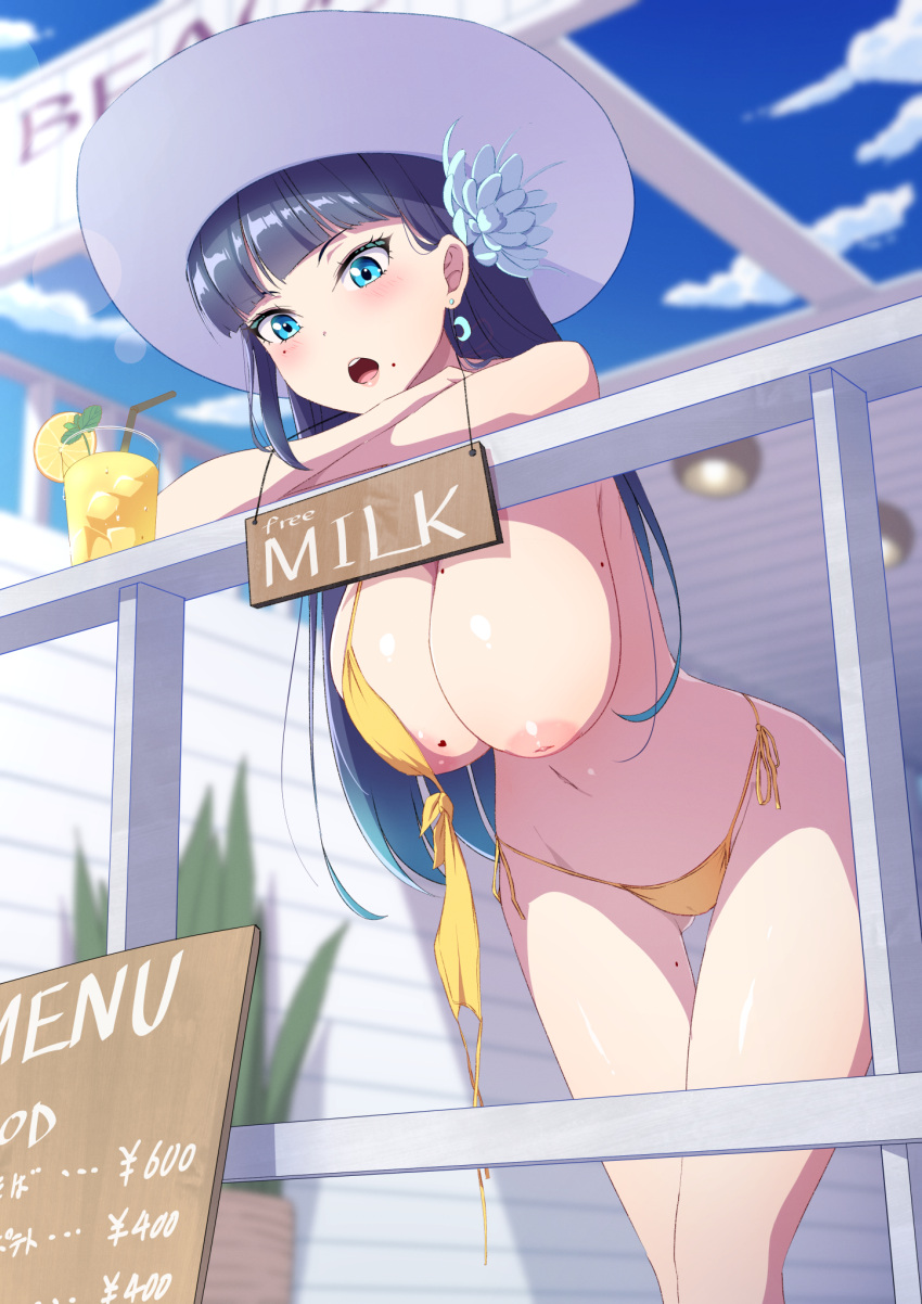 1girl areola_slip ass_visible_through_thighs bangs bikini black_hair blue_eyes blunt_bangs blush breasts cleavage drink english_text flower hair_flower hair_ornament halter_top halterneck hanging_breasts hat heart highres inverted_nipples large_breasts leaning_forward leaning_on_rail long_hair looking_at_viewer mole mole_on_breast mole_under_mouth navel one_breast_out open_mouth original outdoors sakamata side-tie_bikini sky solo string_bikini sun_hat surprised swimsuit thigh_gap wardrobe_malfunction yellow_bikini